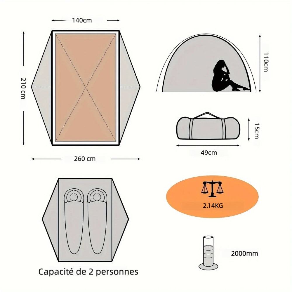 Tente de camping dôme 2 places en aluminium