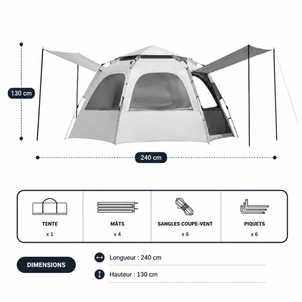 Tente camping 4 places | Ouverture automatique hexagonale