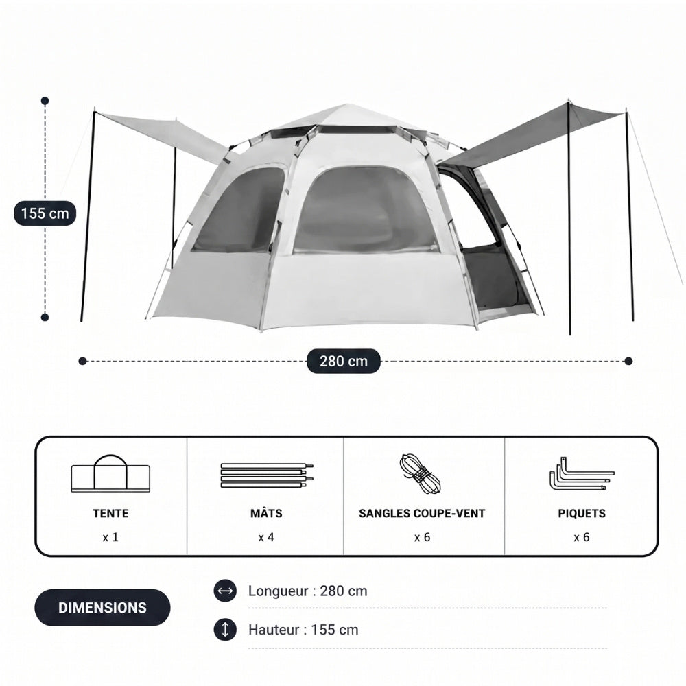 Tente camping 4 places | Ouverture automatique hexagonale